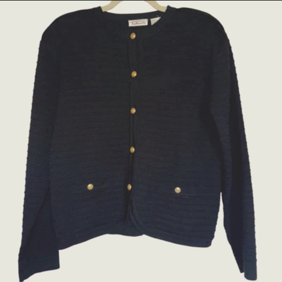 Vintage Talbots Black Merino Wool Cardigan Blazer Gold Buttons Large Corpcore - Picture 1 of 11